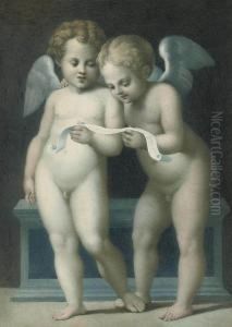 Two Putti Reading A Scroll Of Music by Nicola Ortis