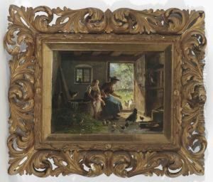 Bauernfamilie Beim Huhnerfuttern by Friedrich Ortlieb