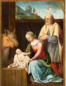 The Holy Family With The Annunciation To The Shepherds Beyond by Giovanni Battista Ortolani