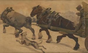 Chariot Attele Par Deux Chevaux Le Long Du Jardin 
 Botanique A Bruxelles by Alfred Ost