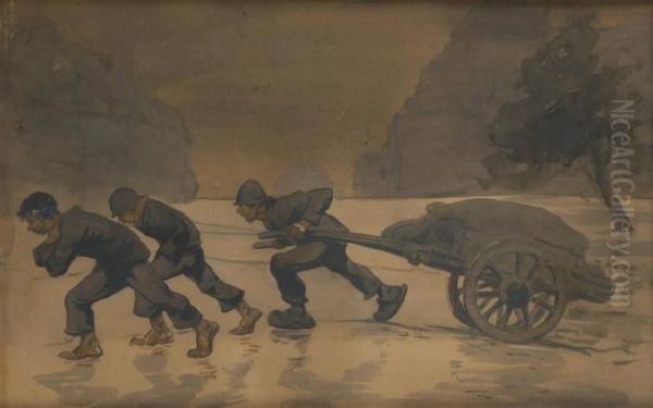 Trois Enfants Au Chariot En Hiver - view 1