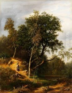 Baumlandschaft Mit Waldweg Und Einer Kraxentragenden Bauerin by Gustav Osterroht