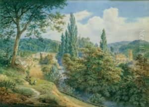 Blick Auf Schloss Sayn Bei Koblenz Mit Den Gebauden Der Sayner Hutte by Georg Osterwald