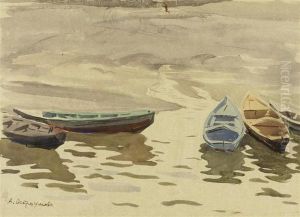 Barges On The Water by Anna Petrovna Ostroumova-Lebedeva