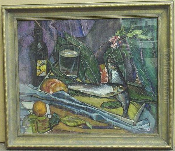 Still Life Sardines, Wine And Fruit Upon A Table - view 1
