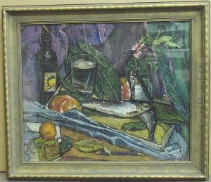 Still Life Sardines, Wine And Fruit Upon A Table by Sam Ostrowsky