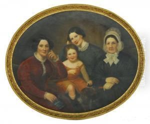 Portrait Of Three Women, A Young Girl And Their Spaniel by Bass Otis