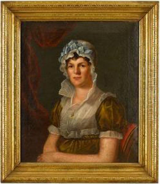 Seated Woman In Lace Cap With Blue Ribbon In Olive Coloreddress - view 1