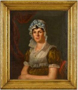 Seated Woman In Lace Cap With Blue Ribbon In Olive Coloreddress