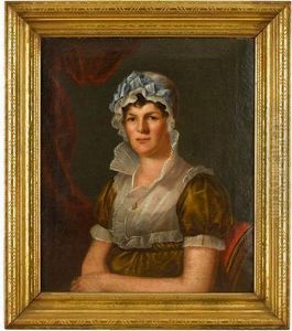 Seated Woman In Lace Cap With Blue Ribbon In Olive Colored Dress by Bass Otis