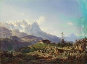 Alpenlandschaft Mit Hirtin Und Vieh