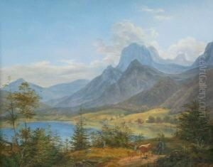 Gebirgslandschaft Mit See, Im Vordergrund Ein Hirte Mit Rindern Und Hund by Johann Nepomuk Ott