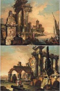 Marina Con Rovine Architettoniche, Barche E Figure; Paesaggio Con Rovine Architettoniche E Figure by Gaetano Ottani