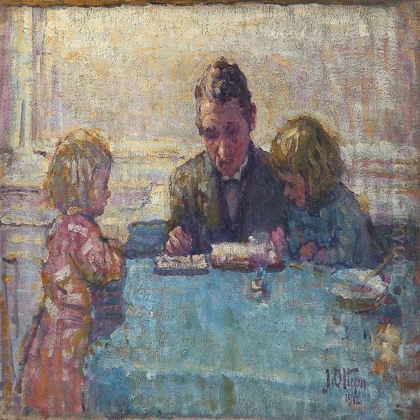Interior With A Father And Two Daughters Around A Table - view 1
