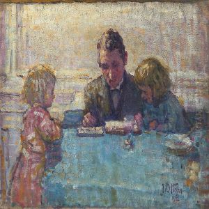 Interior With A Father And Two Daughters Around A Table by Johannes Ottesen