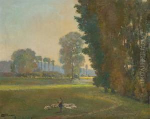 Troupeau De Moutons Au Bord Du Cours D""eau by Henri Ottevaere