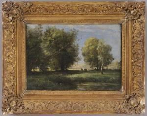 Cattle In A Sunny Meadow by Achille Francois Oudinot