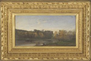 Autumn Riverlandscape With Boat And Washer Woman. by Achille Francois Oudinot