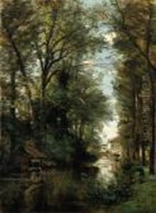 Figures Along A Wooded Canal
Oil On Canvas by Achille Francois Oudinot