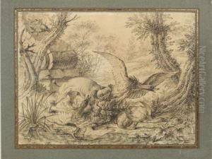 Chien Barbet Attaquant Un Cygne by Jacques Charles Oudry