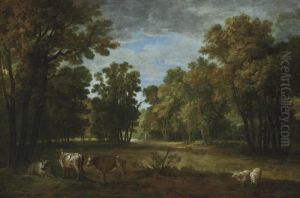 A Wooded Landscape With Cattle And Sheep, A Statue In The Clearing Beyond