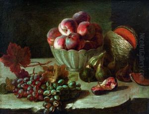Nature Morte A La Coupe De Peches, Figues, Melons Et Raisins Sur Un Entablement by Jean-Baptiste Oudry