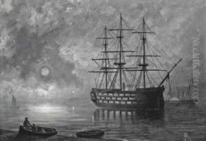 A Royal Navy Three-decker At Anchor By Moonlight, A Paddle Steamer Beyond