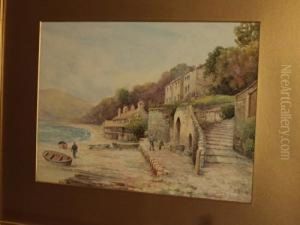 Coastal Village With Fishermen And Beached Boats By The Shore by William Outhwaite