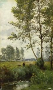 A River Landscape With Hunters And Dogs by Pierre Outin