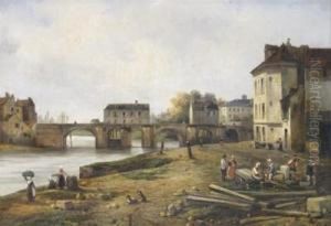 French Town Scene With Workers By A River