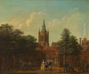 A Courtyard In Delft With The Oude Kerk Beyond by Isaak Ouwater