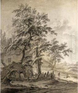 A Pig-pen At The Edge Of A Village, With A Peasant Family On A Path To The Right by Leendert Overbeek
