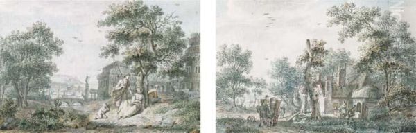 A Fisherman And Other Figures Resting By A Tree, A View Of A Citybeyond; And Peasants Outside A Farmstead Among Trees, A Figure Withhorse And Wagon On A Path Nearby - view 1
