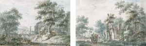 A Fisherman And Other Figures Resting By A Tree, A View Of A Citybeyond; And Peasants Outside A Farmstead Among Trees, A Figure Withhorse And Wagon On A Path Nearby by Leendert Overbeek