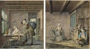 A Pair Of Domestic Interiors: A Woman Spinning Wool With A Sleeping Boy, And A Visiting Tinker by Leendert Overbeek