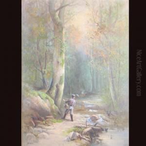 Landscape Scene Depicting A Fly Fisherman Neara Stream by Thomas Oxley Miller