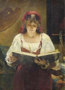 An Italian Beauty Looking At An Album In The Artist's Studio An Italian Beauty Looking At An Album In The Artist's Studio