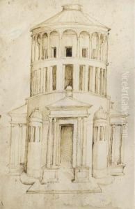 A Circular Basilica With Frontal And Lateral Porticals And Convexchapels In Between (recto); A Standing Woman In An Elaborate Dress,seen From The Side (verso)
