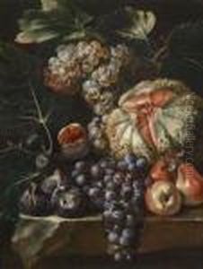 A Still Life With Fruit On A Stone Parapet