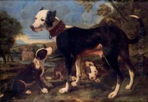 Une Chienne Et Ses Petits Sur Fond De Paysage