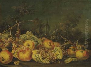 Grapes, Pomegranates, Apples And A Broken Vase In A Landscape by Michele Pace Del (Michelangelo di) Campidoglio