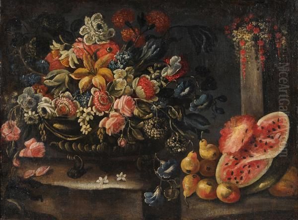 Natura Morta Con Vaso Di Fiori, Cocomero E Pere - view 1