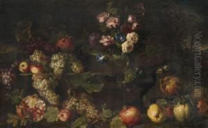 Nature Morte Au Bouquet De Fleurs, Raisins, Pommes, Poires Et Grenades Dans Un Paysage by Michele Pace Del (Michelangelo di) Campidoglio
