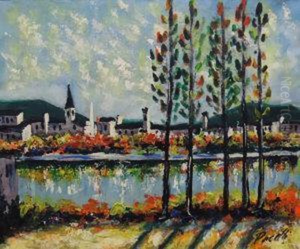 Town And Poplars Along A River - view 1