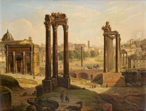 A View Of The Roman Forum From The Capitoline Hill Looking North, With The Temple Of Saturn, The Arch Of Septimus Severus, The Arch Of Constantine And The Colosseum Beyond by Michelangelo Pacetti