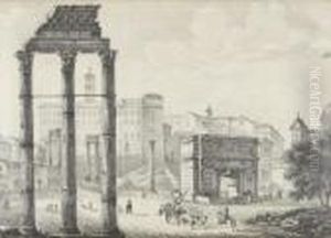 Vue Du Forum A Rome, Avec Les Vestiges Du Temple Des Dioscures Au Premier Plan by Michelangelo Pacetti