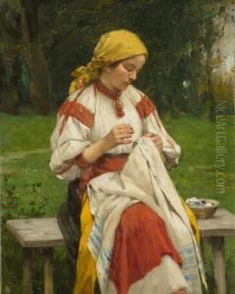 Woman Embroidering - view 1
