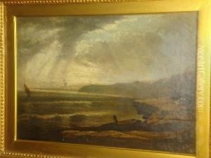 A Coastal Scene With Figure On The Shore, A Harbour And Estuary Beyond by William Pae