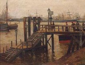 Landungsbrucke Mit Figuren Im Hamburger Hafen by Arthur Paetzold