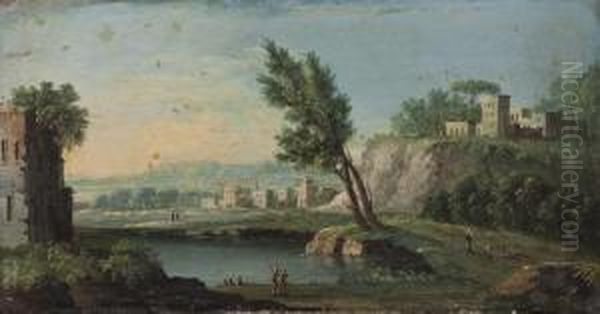 A) Paesaggio Con Fiume, Torre Sulla Sinistra E Viandanti B) Paesaggio Sul Lago, Un Borgo Sullo Sfondo E Viandanti - view 1